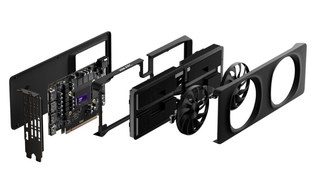 Linux Tool Enables Intel Arc ReBAR on Older Motherboards Official Intel Arc B580 Limited Edition exploded-view render showing its circuit board, cooling assembly, fans and outer