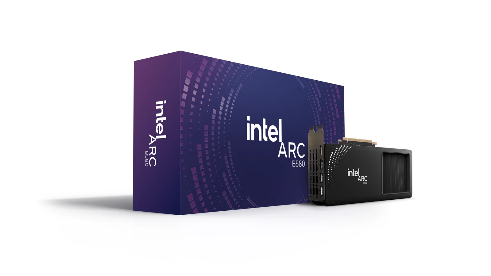 Intel Arc B580 graphics card and purple branded retail packaging against a light background