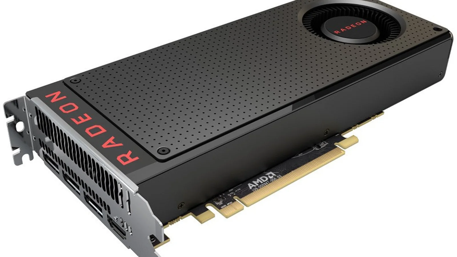 AMD Radeon RX 580 reference-design graphics card photographed from a three-quarter angle, showing its cooling enclosure