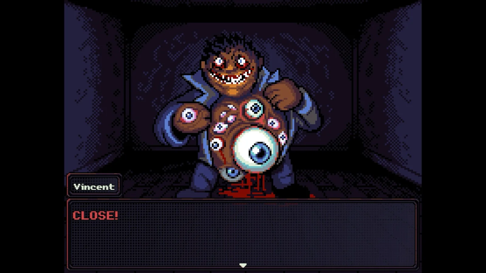 A disturbing smiling character reveals a torso covered with multiple eyes in a dark pixel-art room
