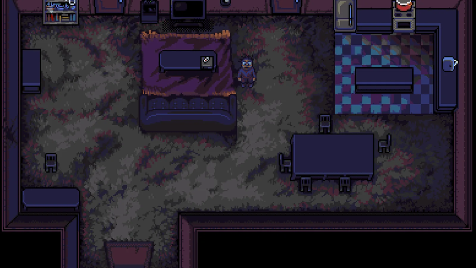 Overhead view of the protagonist inside a furnished apartment with a sofa, television and kitchen