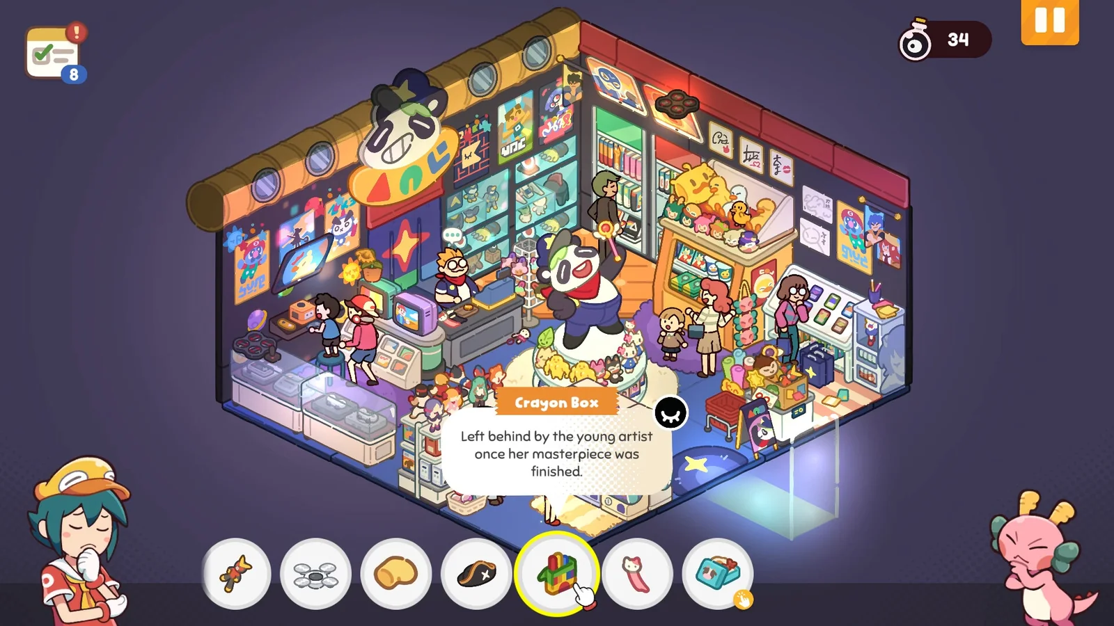 Official Lost and Found Co. gameplay screenshot showing a snowy lakeside environment, colorful characters, animals, and