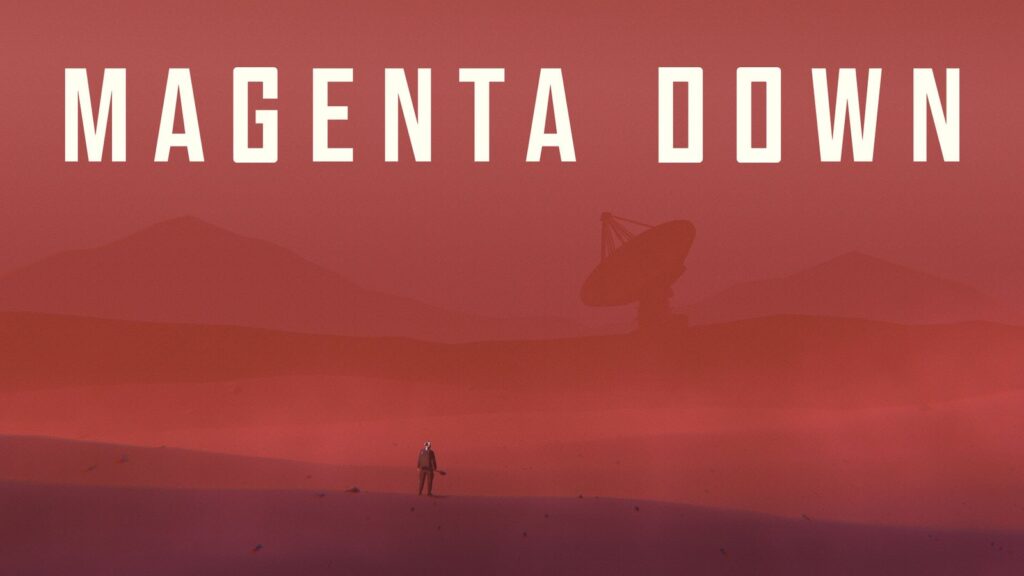 Official Magenta Down hero artwork featuring a lone survivor on a red alien planet, with mountains and a large satellite