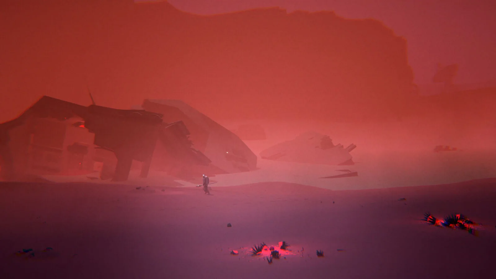 Official gameplay screenshot showing a small survivor exploring a red, dust-covered alien landscape surrounded by