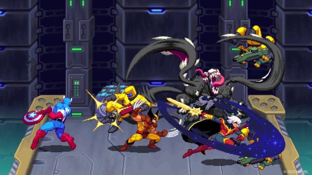 Marvel Cosmic Invasion DLC Reveals Castle Doom Mode Gameplay Captain America and Wolverine battle enemies aboard a futuristic metallic platform