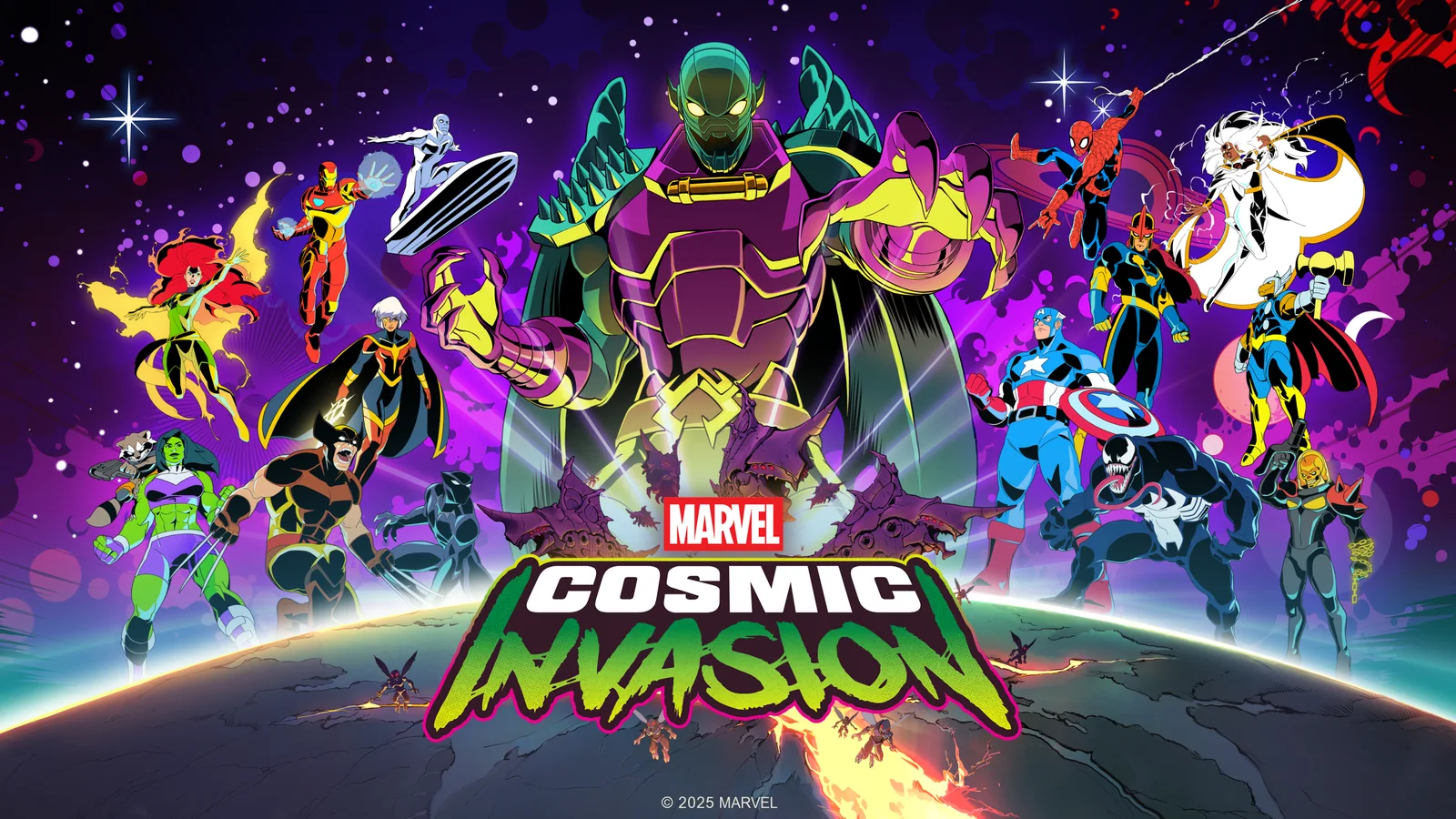 Official Marvel Cosmic Invasion gameplay screenshot featuring Venom and other heroes fighting insectoid enemies in a