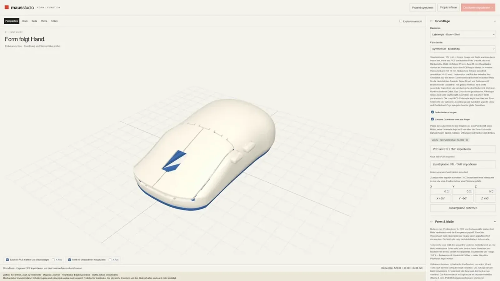 Mausstudio interface displaying a white customizable 3D gaming mouse shell with geometry controls and settings
