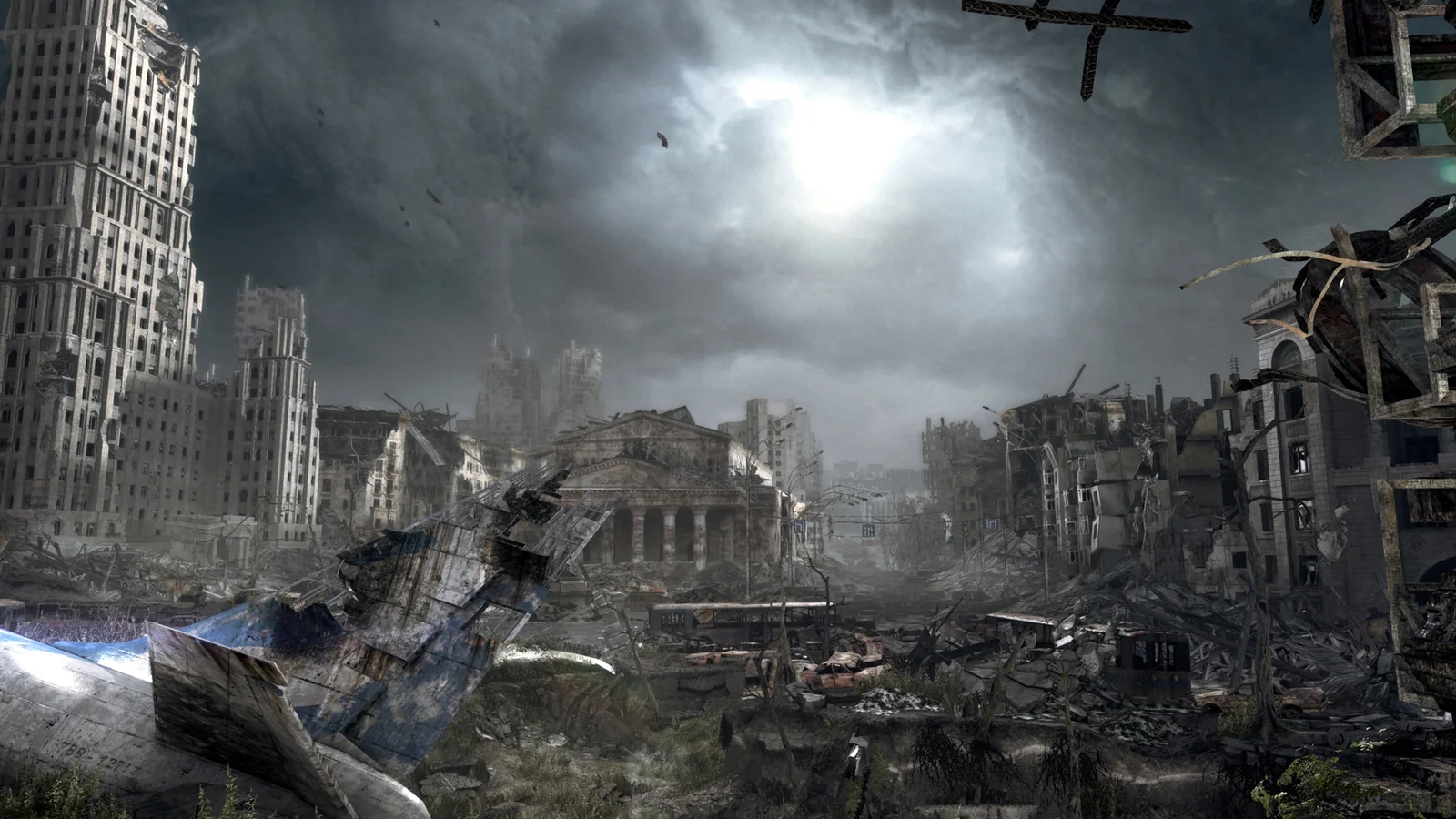 Official Metro: Last Light Redux gameplay screenshot showing first-person combat inside a ruined industrial building