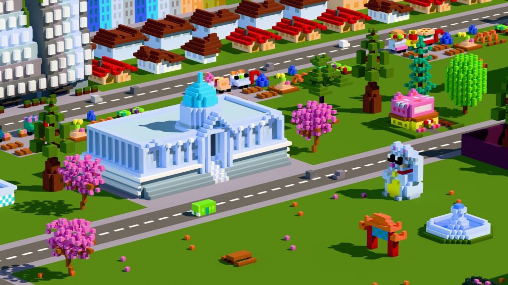 Microlandia Gets New Game Engine With Improved Performance Official high-resolution key art showing Microlandia's white civic hall with a blue dome, colorful residential