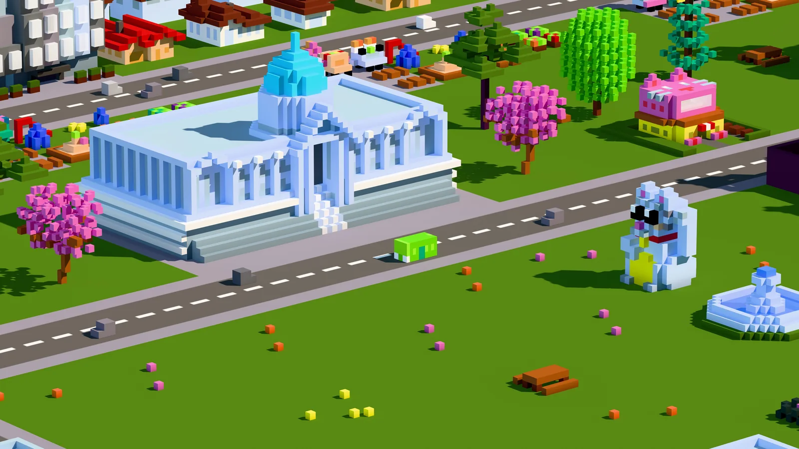 Official high-resolution promotional artwork showing the white civic hall, blue dome, colorful greenery and a