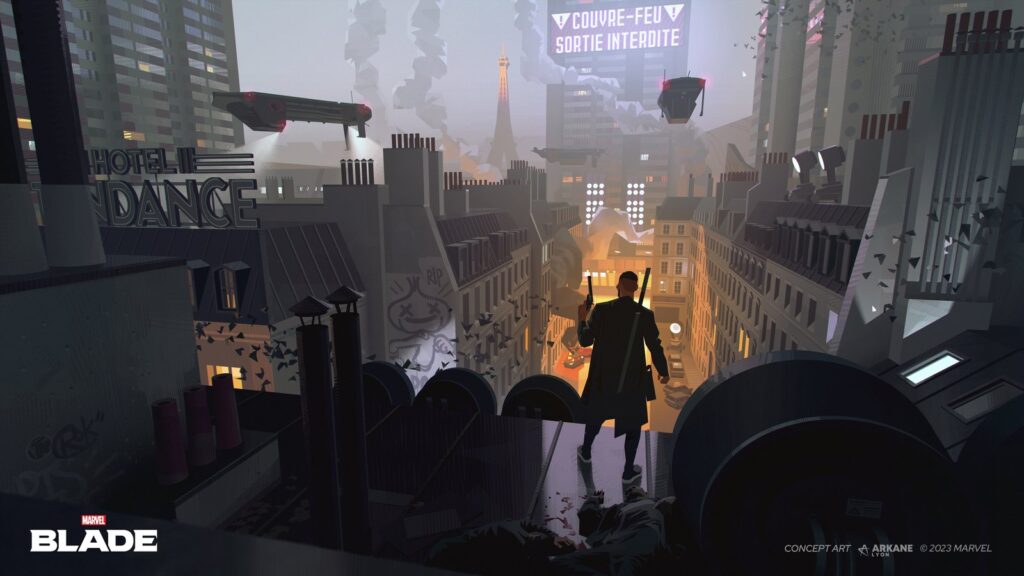 Microsoft Extends Arkane Lyon Closure Consultation by One Month Marvel's Blade concept artwork depicting a dark Parisian rooftop scene overlooking the city