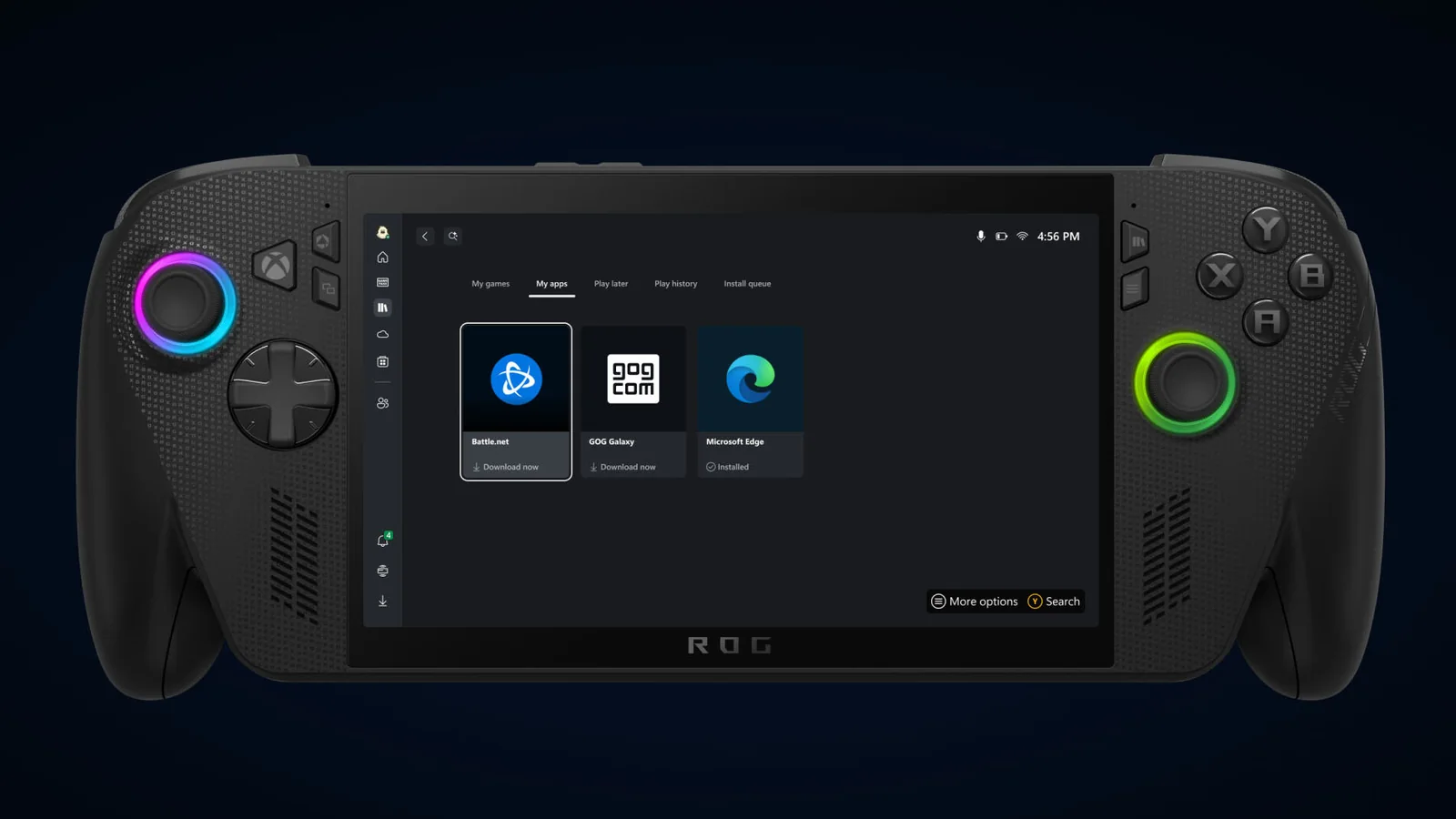 Xbox PC app My Apps screen on a handheld showing Battle.net, GOG Galaxy and Microsoft Edge