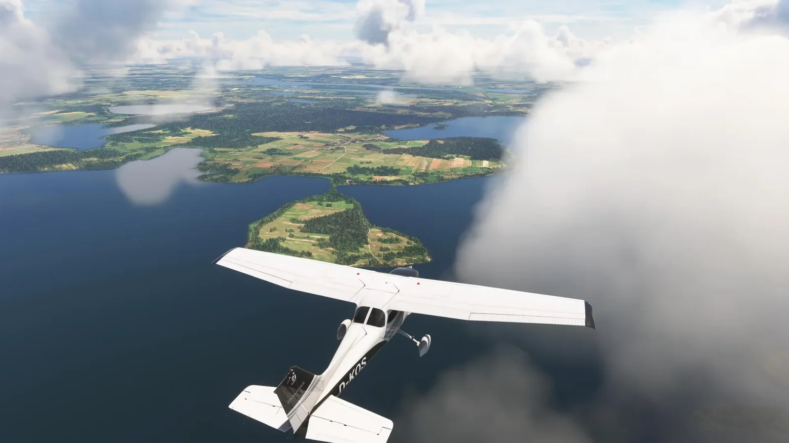 Cessna aircraft flying over Polish lakes, forested islands and rural landscapes in Microsoft Flight Simulator