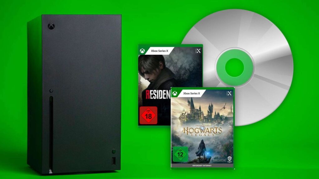 Xbox Series X console alongside physical copies of Hogwarts Legacy and Resident Evil, with a large game disc against a