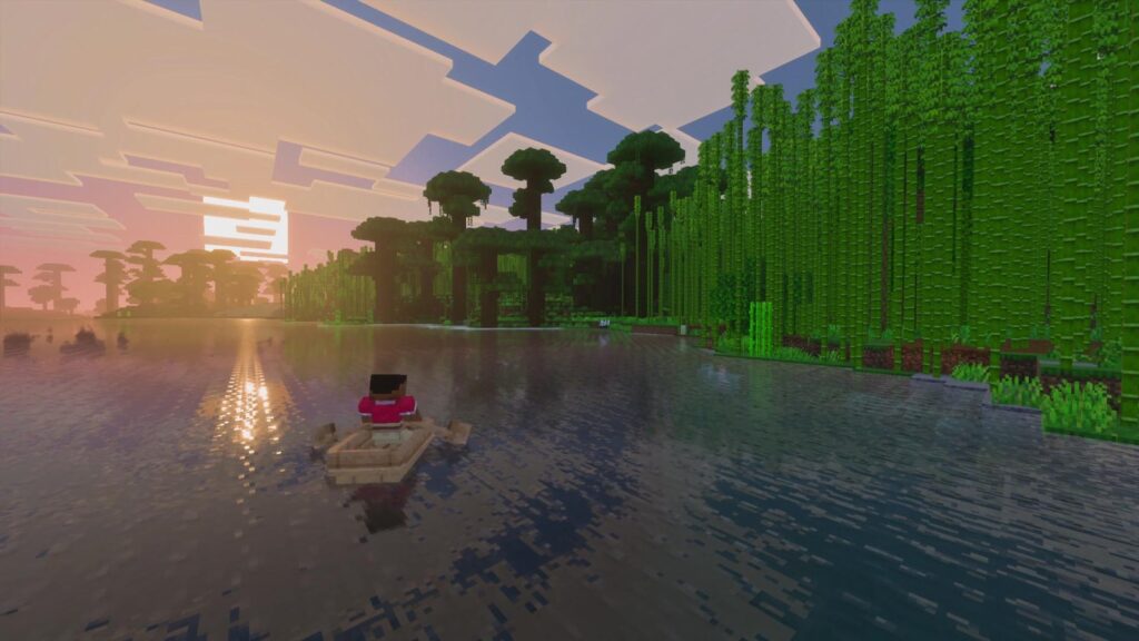 Minecraft Launches on Nintendo Switch 2 With Vibrant Visuals Minecraft Vibrant Visuals gameplay showing a player rowing a boat across reflective water at sunset, surrounded by