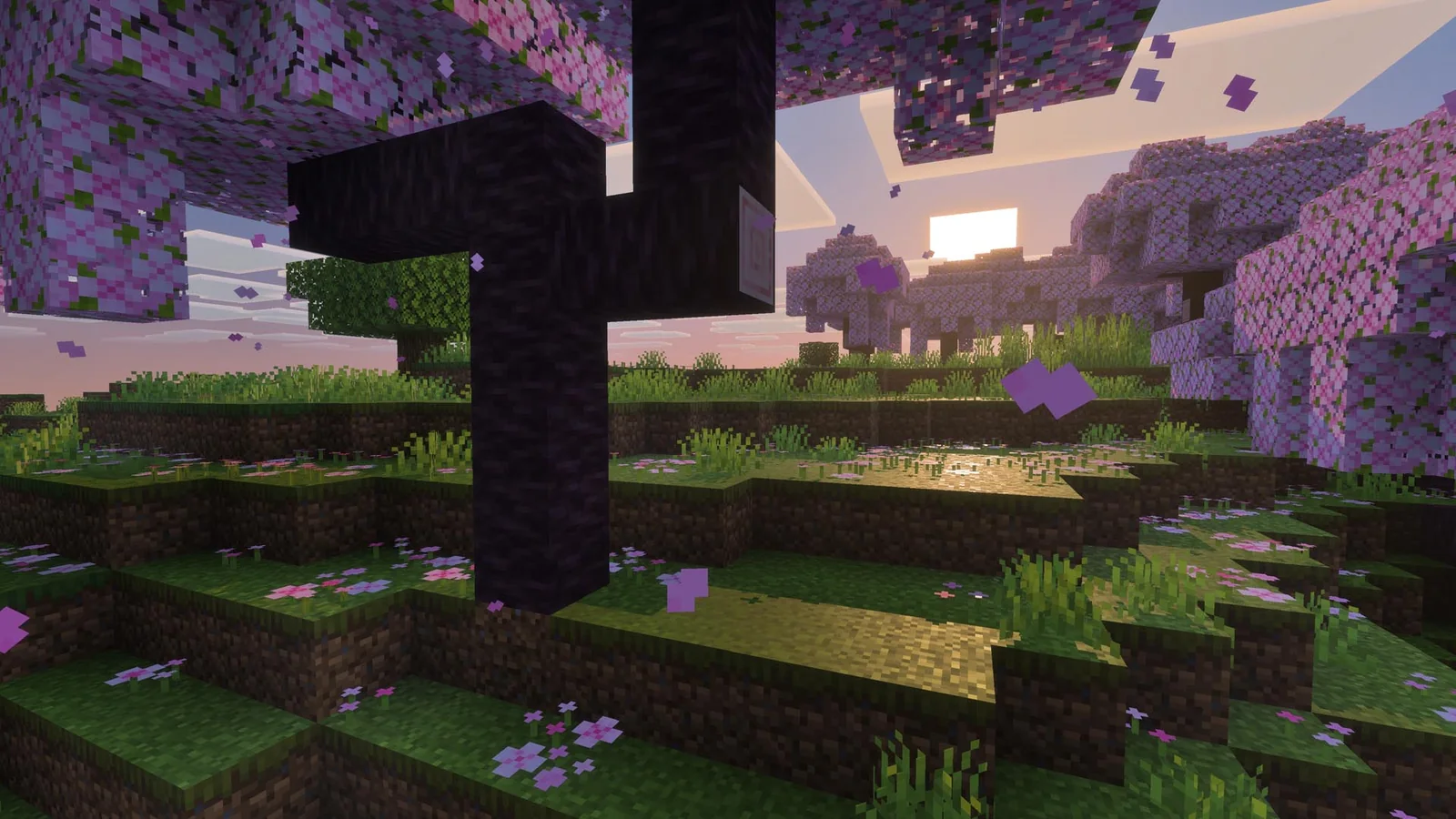 Minecraft Vibrant Visuals gameplay showing a player rowing a boat across reflective water at sunset, surrounded by