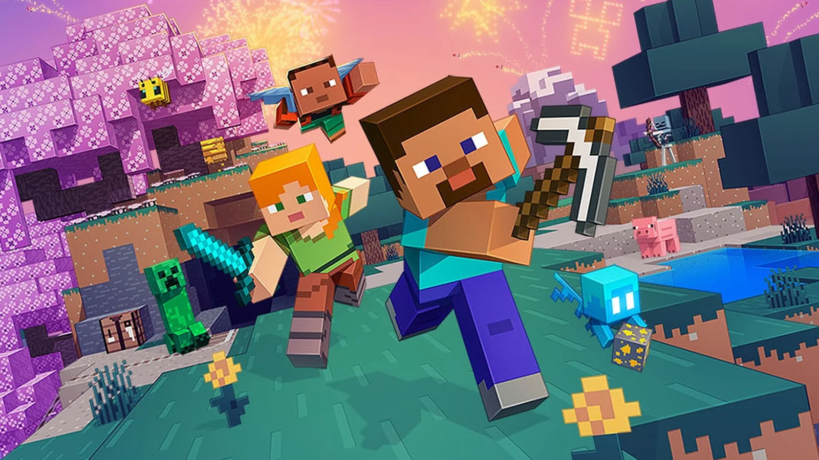 Official Minecraft Nintendo Switch 2 promotional artwork featuring Steve, Alex, colorful terrain, cherry blossom trees