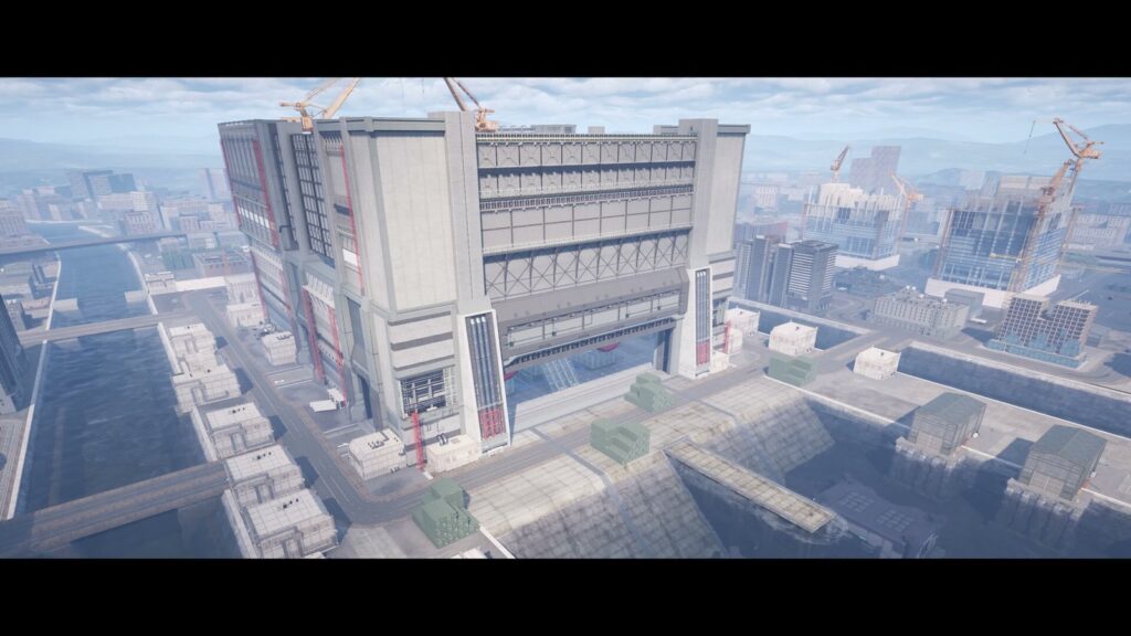 Official high-resolution trailer still showing a sprawling urban battlefield, with an enormous military installation