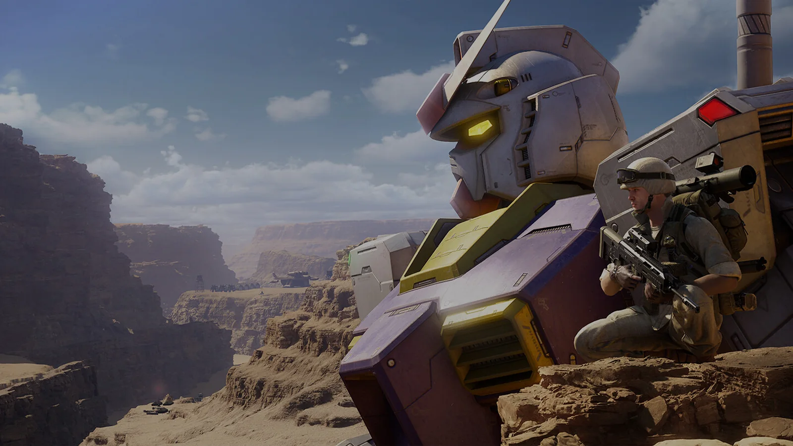 Official landscape key art showing a close-up of a white Gundam mobile suit with glowing yellow eyes, an armed infantry