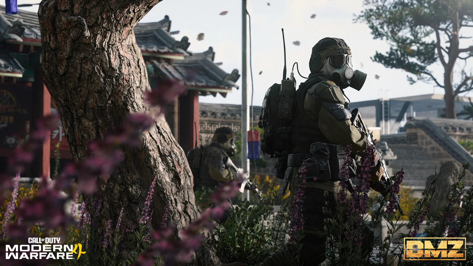 Operators taking cover near Korean-style architecture and vegetation