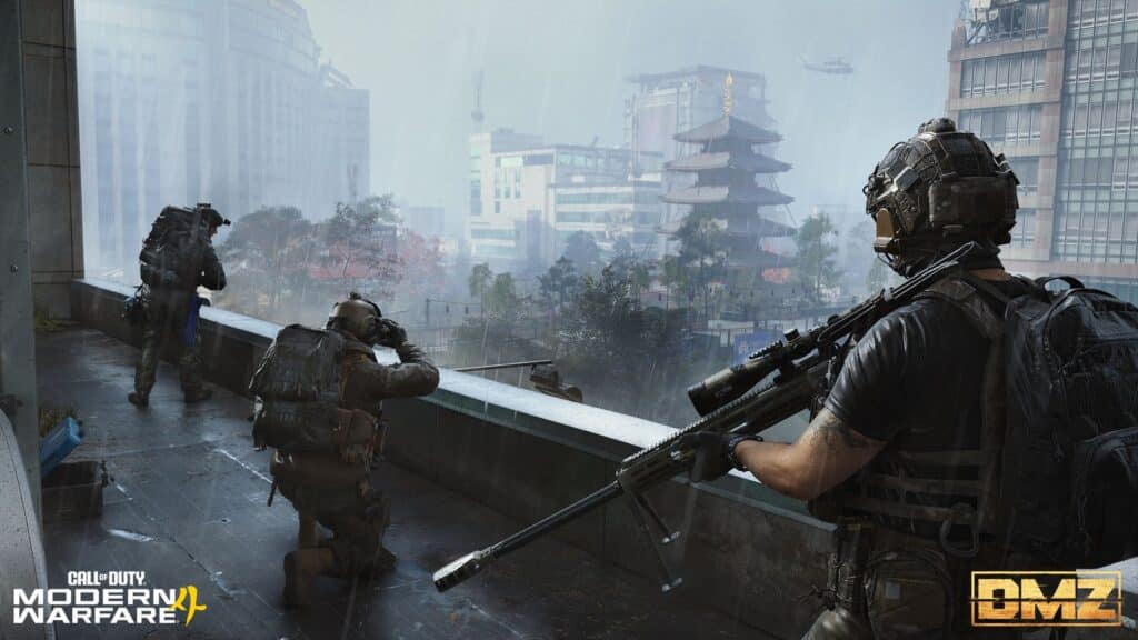 Modern Warfare 4 DMZ Early Access Begins October 20 Two armed operators overlooking the rain-soaked city of Hajin from a rooftop
