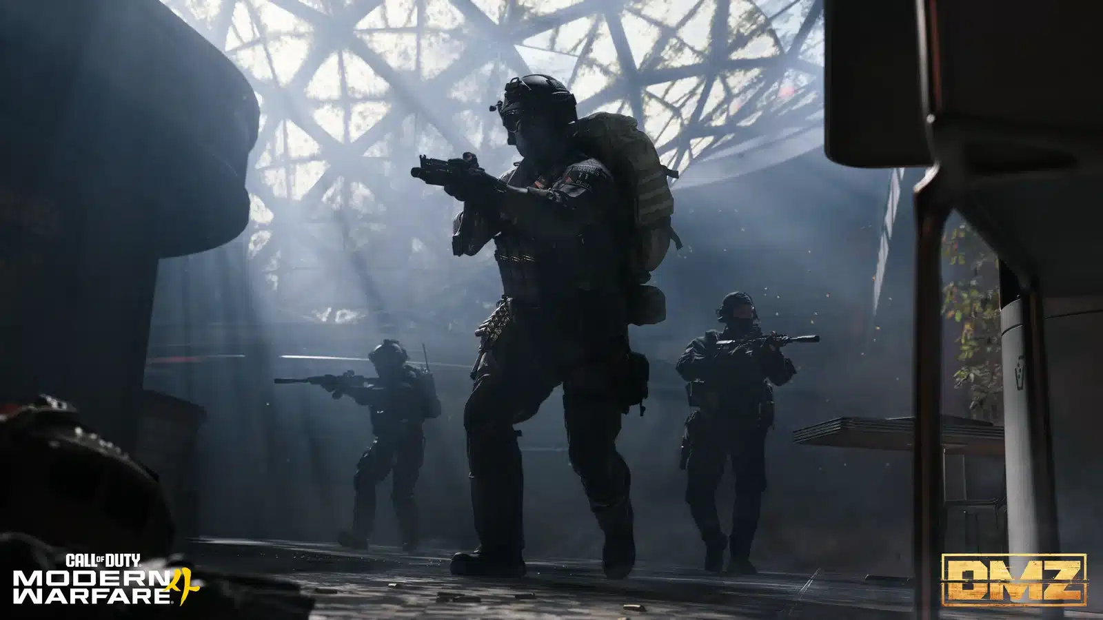 Armed operators moving through an industrial structure illuminated by sunlight