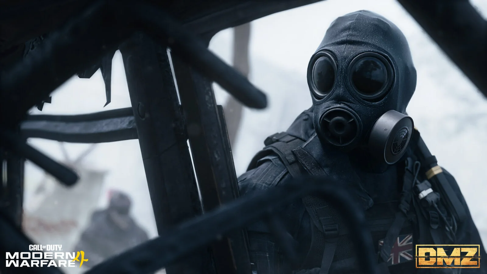 Three armed DMZ operators in tactical gear moving through snowy terrain, with one searching a backpack