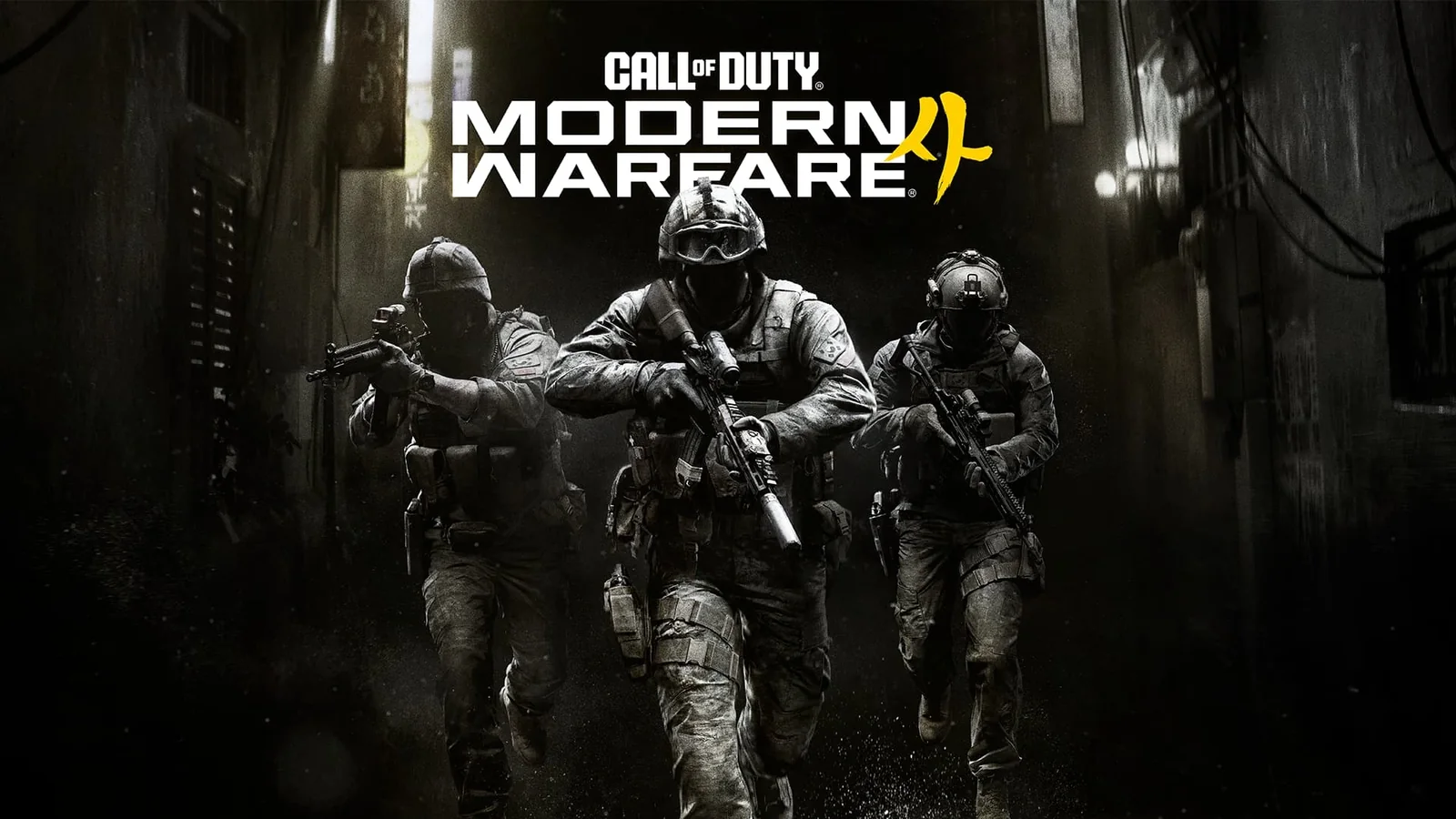 Three heavily armed soldiers advancing together through a dark urban environment in official Modern Warfare 4