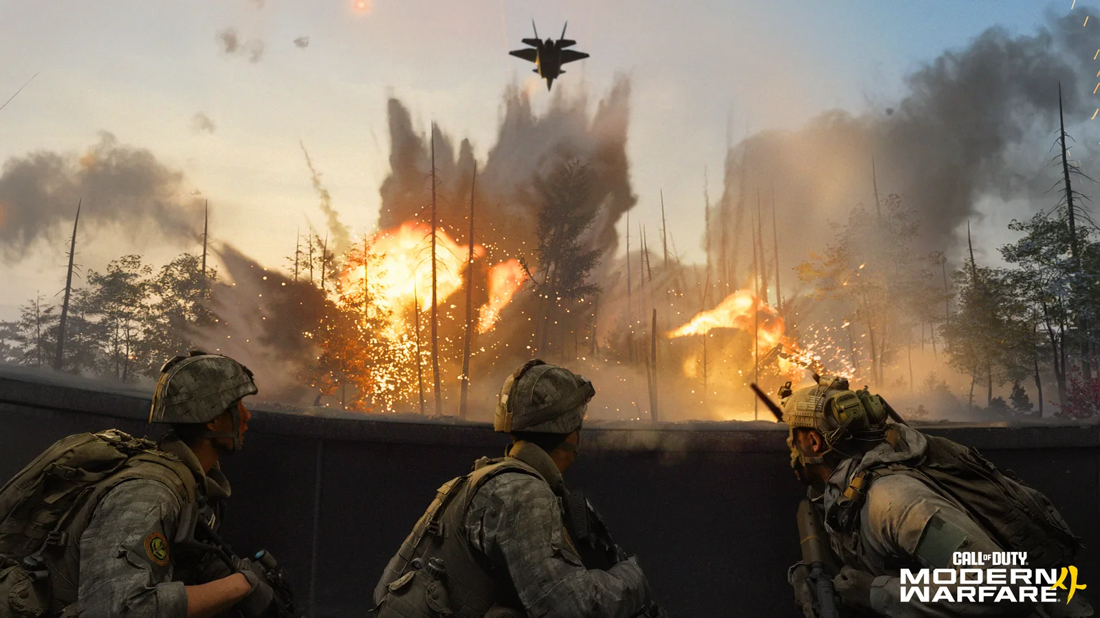 Modern Warfare 4 soldiers taking cover as a fighter jet passes overhead and an explosion erupts across the battlefield