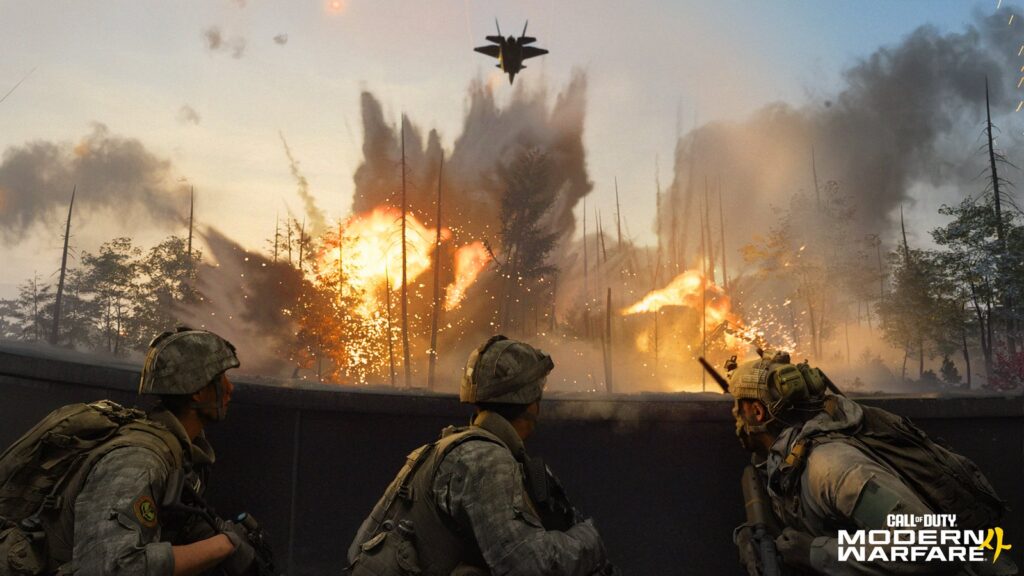 Modern Warfare 4 Steam Peak Trails Black Ops 6 Launch Weekend Modern Warfare 4 multiplayer screenshot showing soldiers taking cover during a large explosion as a fighter jet flies