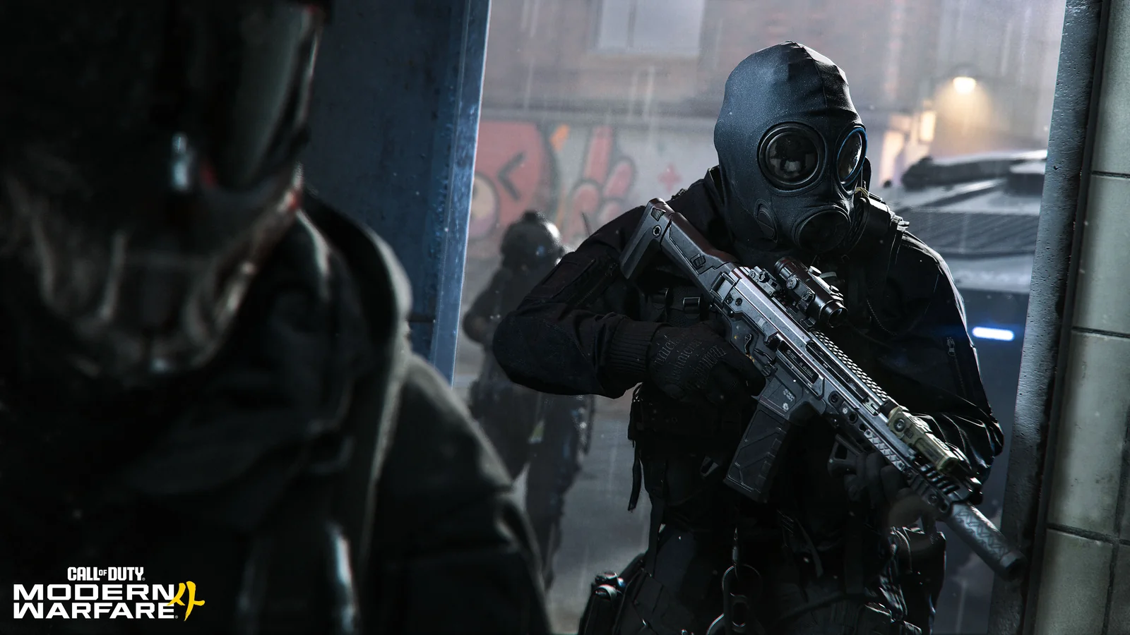 Modern Warfare 4 promotional scene featuring armed tactical operators taking cover in an urban area