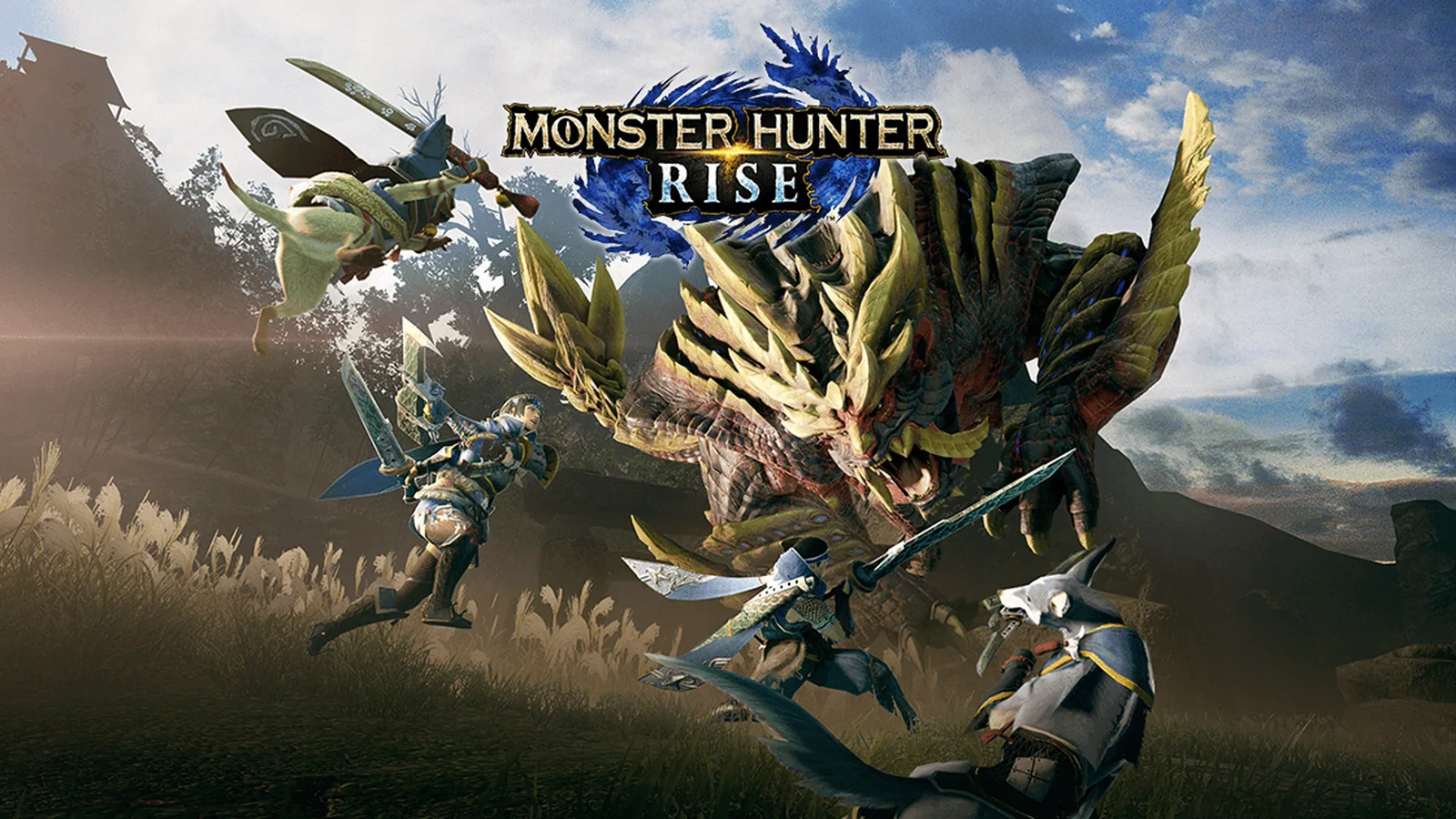 Monster Hunter Rise key art featuring the hunter, Palamute and Magnamalo