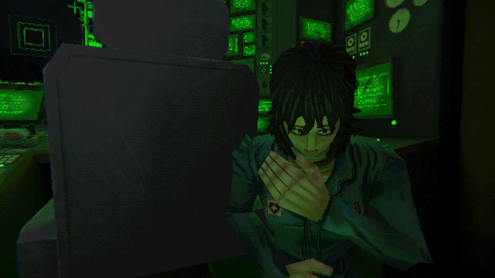 Official Mouthwashing gameplay screenshot showing Anya inside the Tulpar cockpit, surrounded by eerie green monitors