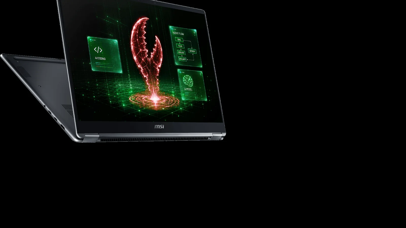 Official MSI product render of the Prestige N16 Flip AI+ in convertible mode