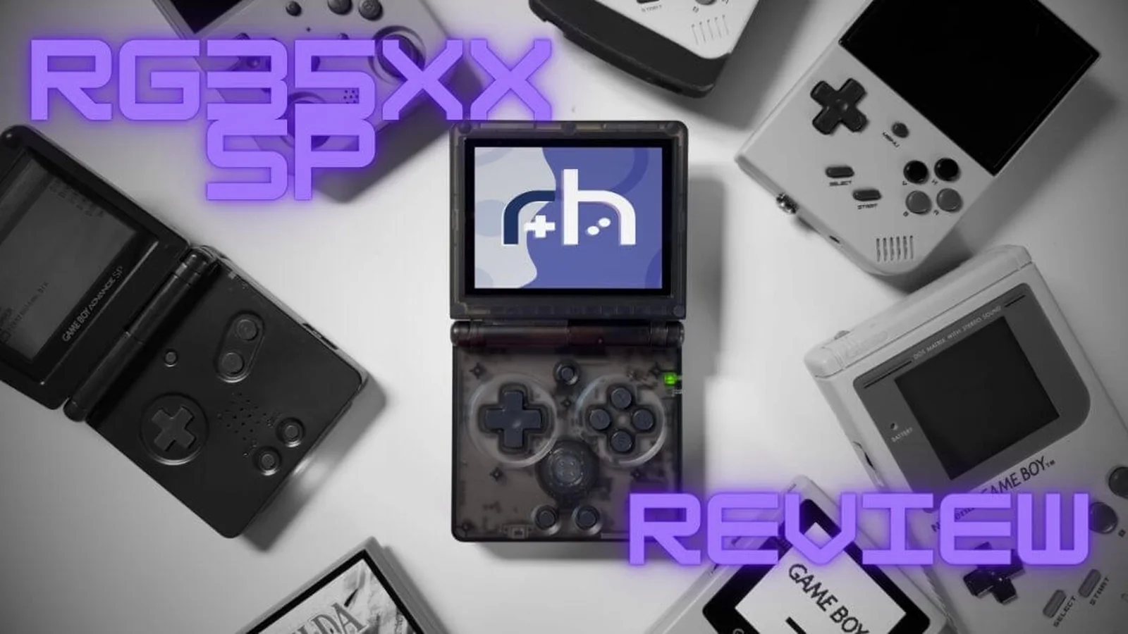 Transparent black Anbernic RG35XX SP handheld displaying the colorful MustardOS main menu, photographed on a desk