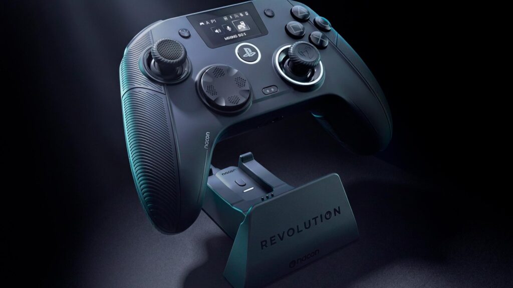 Nacon Unveils Revolution 5 Unlimited Controller for PS5 and PC Revolution 5 Unlimited positioned on its wireless charging dock in a clean studio product shot
