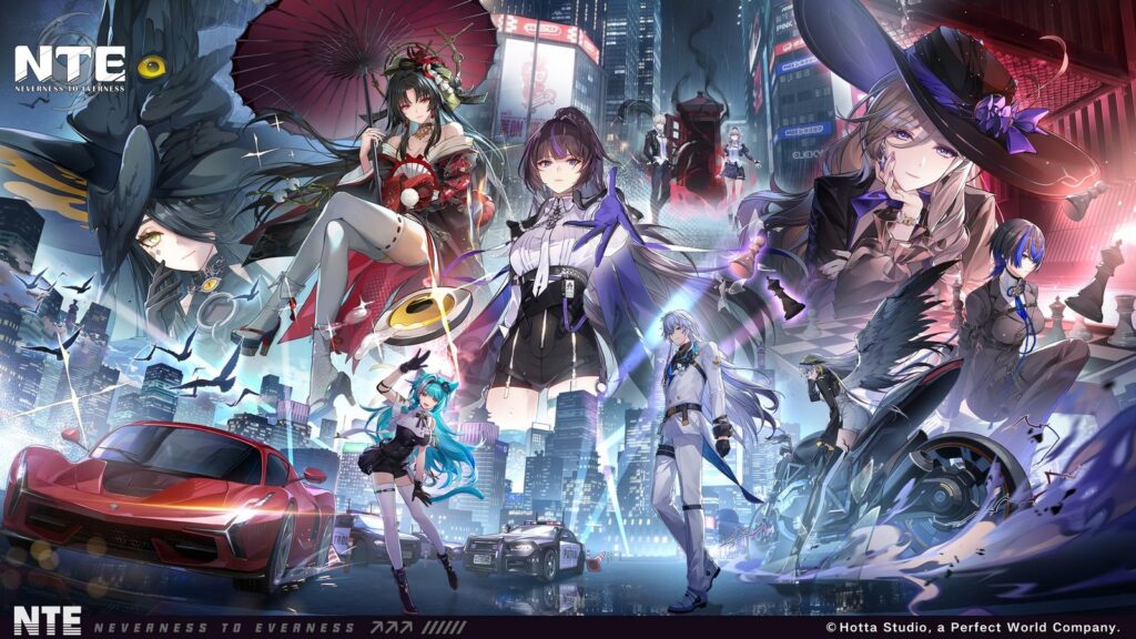 Neverness to Everness Version 1.5 Launches November 11 Official Neverness to Everness promotional key art featuring multiple characters, supernatural elements, sports cars