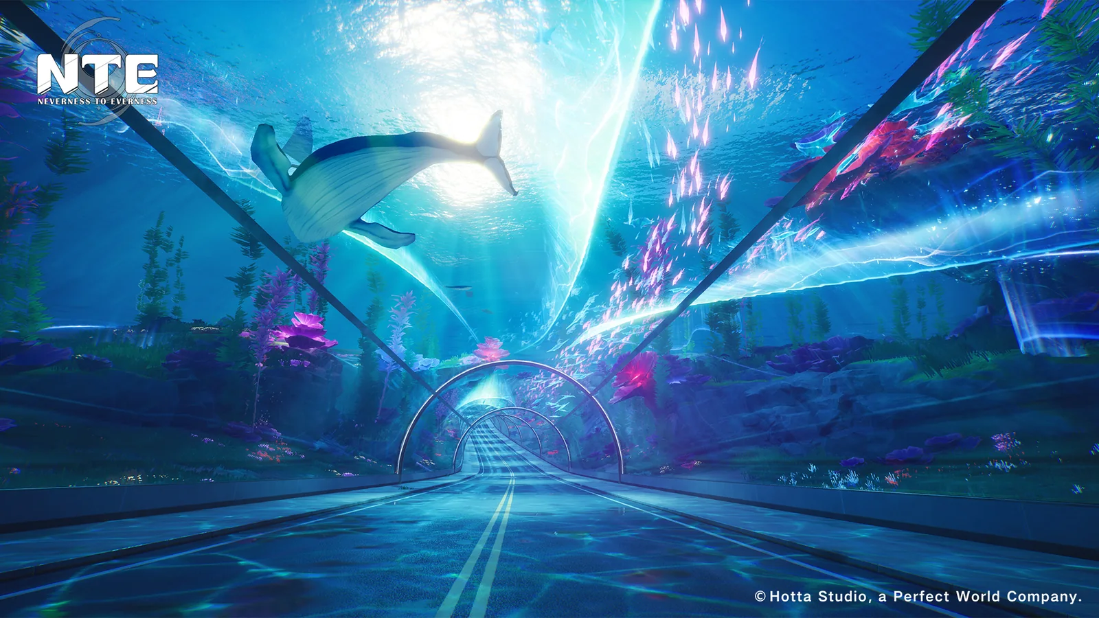Official Neverness to Everness artwork showing a spectacular illuminated underwater road tunnel with a giant whale and