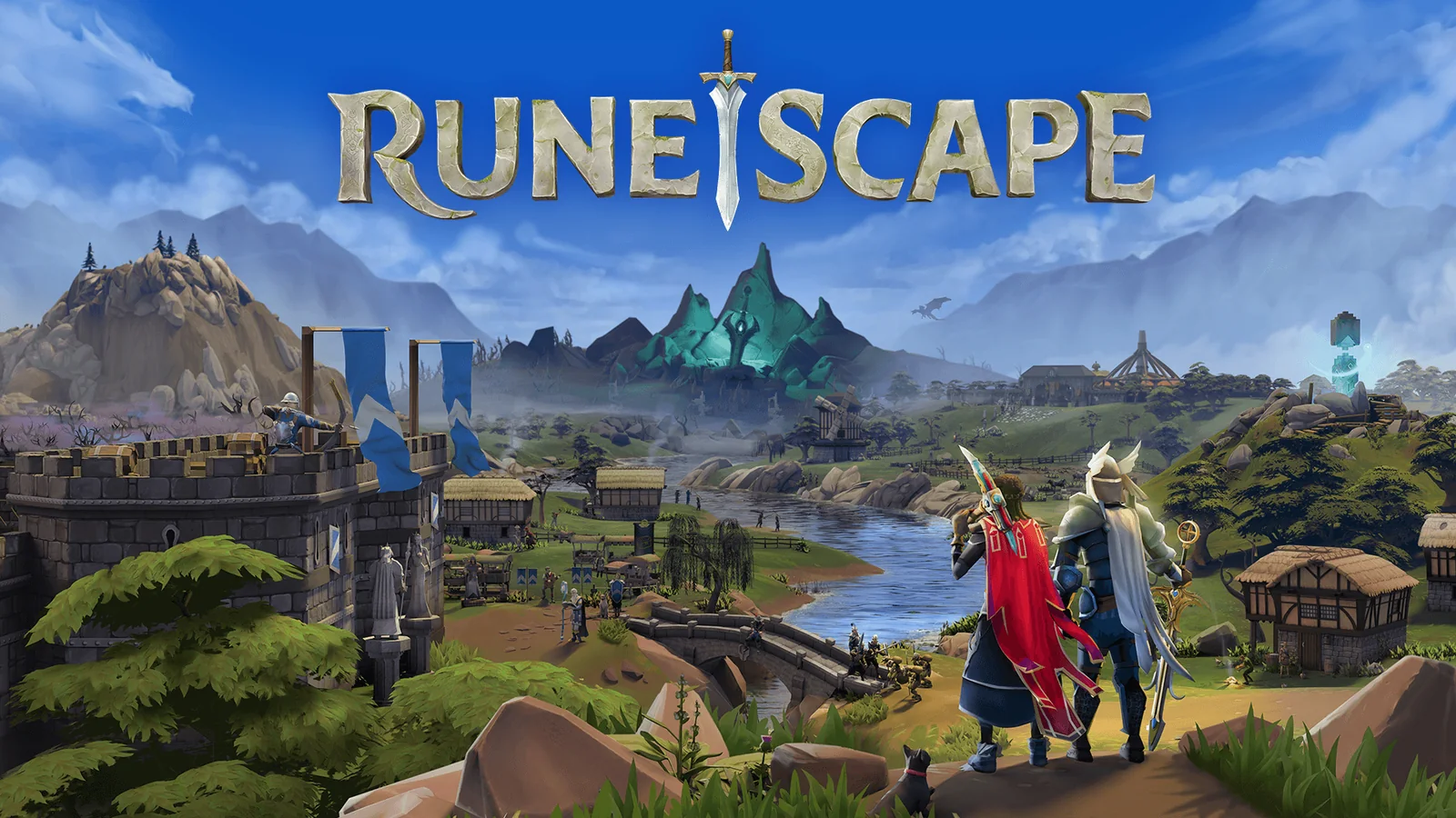 Official RuneScape 25th anniversary promotional artwork showing Gielinor and player characters