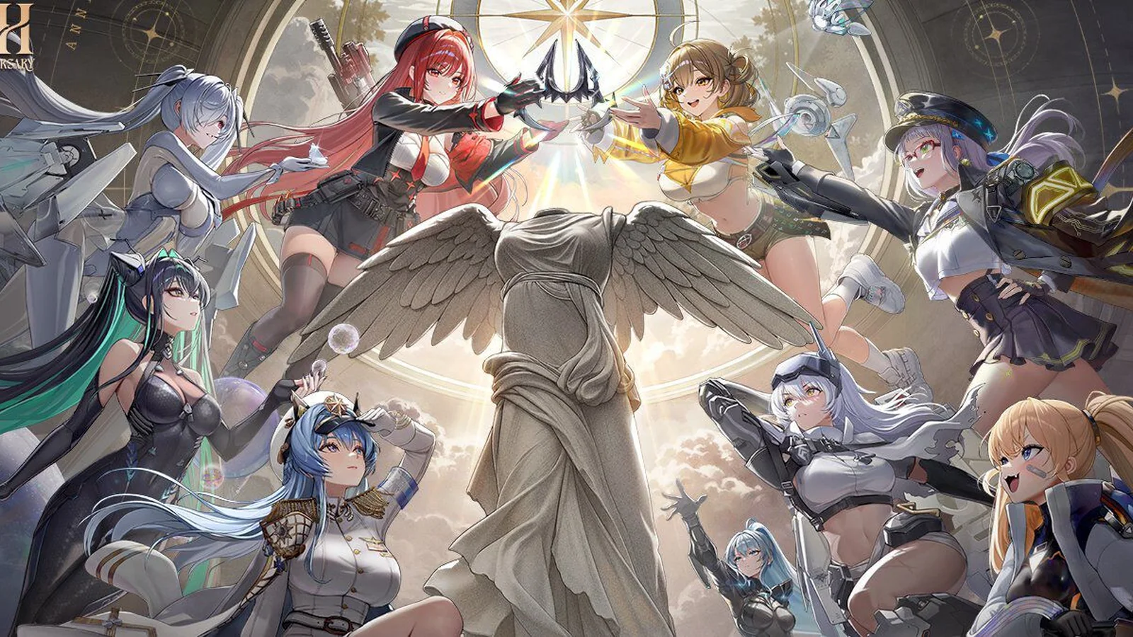 Official fourth-anniversary key visual featuring multiple NIKKE heroines gathered around a winged statue beneath a