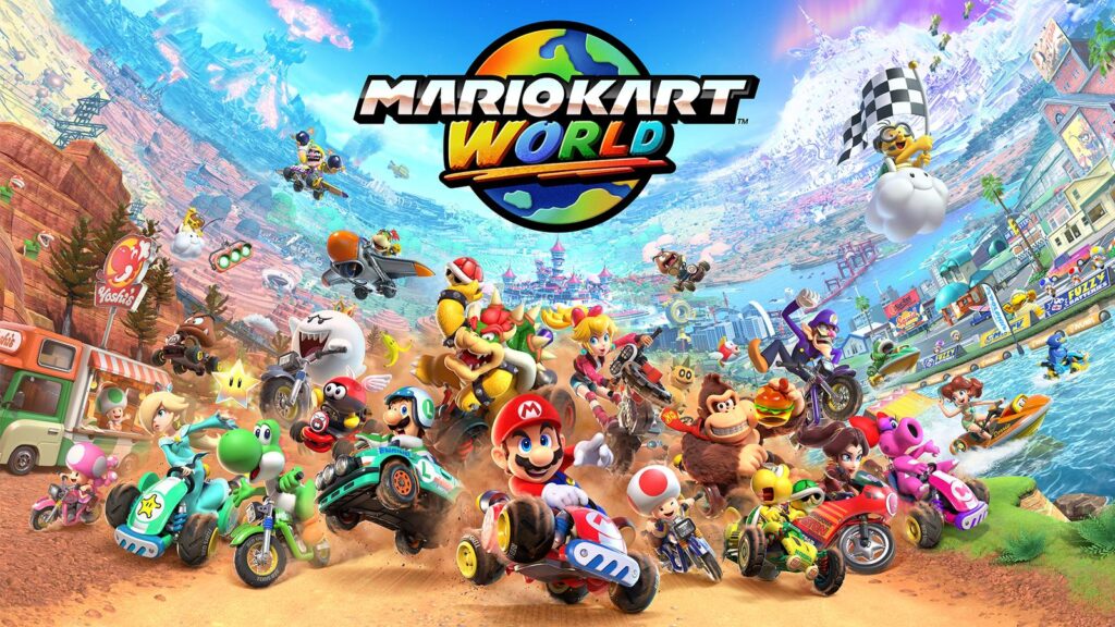 Official Mario Kart World racing screenshot featuring the game's interconnected environments