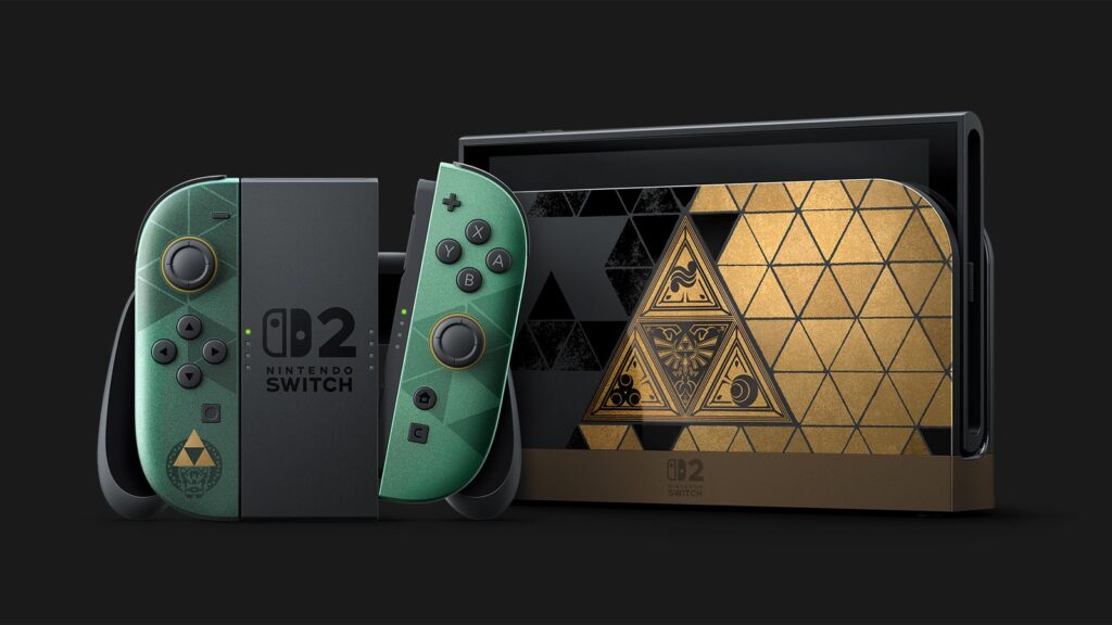 Official landscape product image showing the Zelda 40th Anniversary Nintendo Switch 2, green Joy-Con 2 controllers, and
