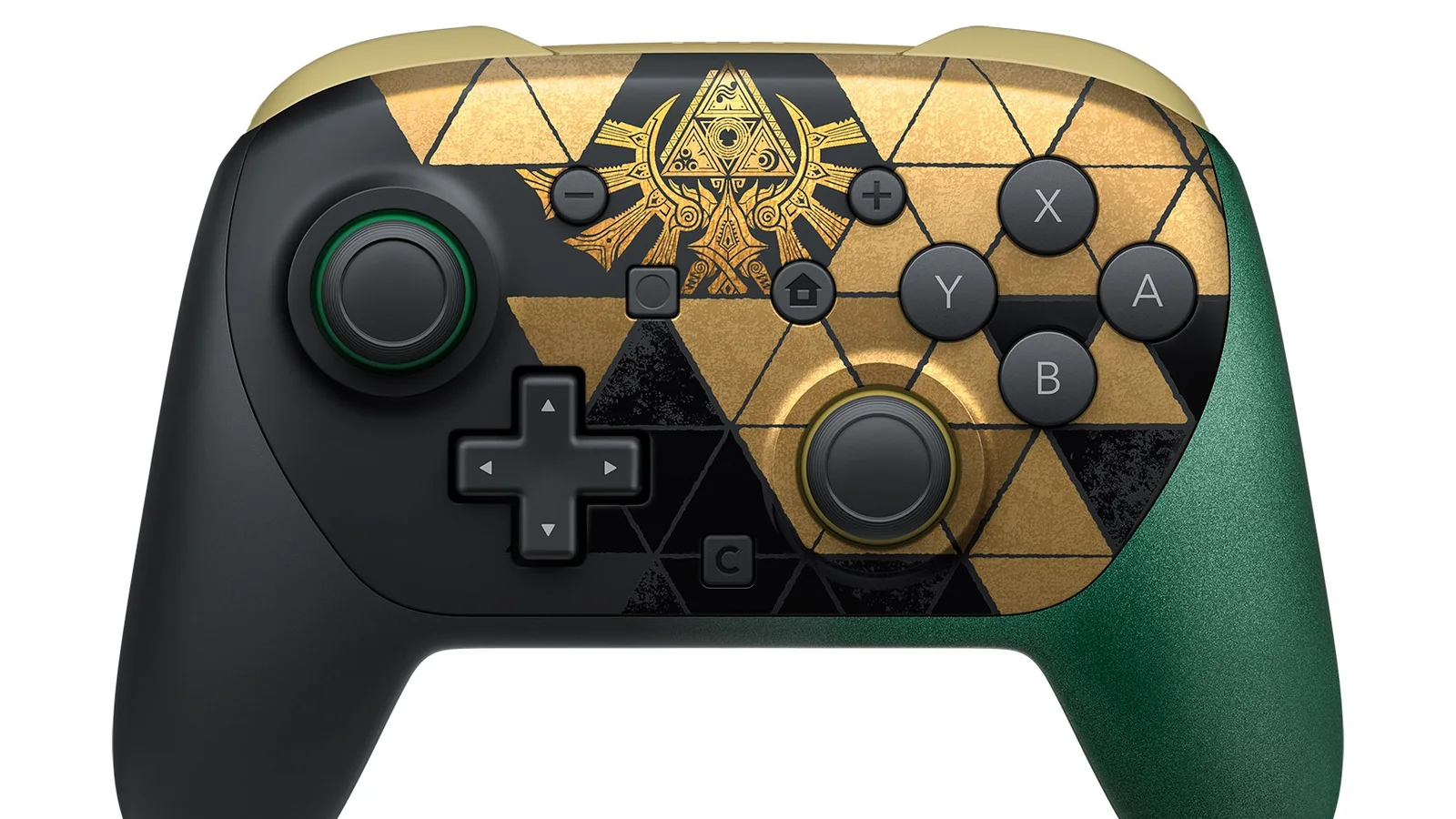 Official close-up promotional image of the Zelda 40th Anniversary Nintendo Switch 2 Pro Controller, featuring gold