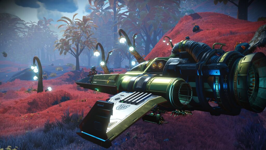 No Man’s Sky Forsaken Update Adds Haunted Salvage and New Ships No Man's Sky starship flying above red alien terrain surrounded by unusual plants and glowing vegetation