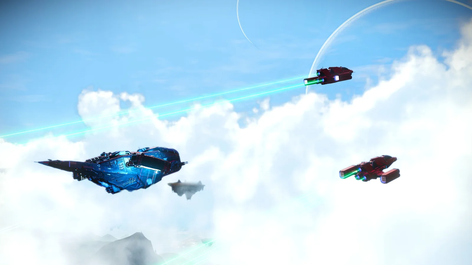 Starships flying through bright clouds beneath a blue sky and a giant planetary horizon