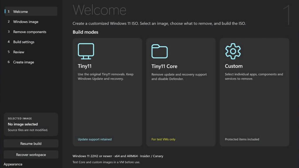 NTDEV Shrinks Windows 11 ISO Below 700MB With Pico11 Official Tiny11 Builder welcome screen showing the Windows 11 customization application and its available build modes