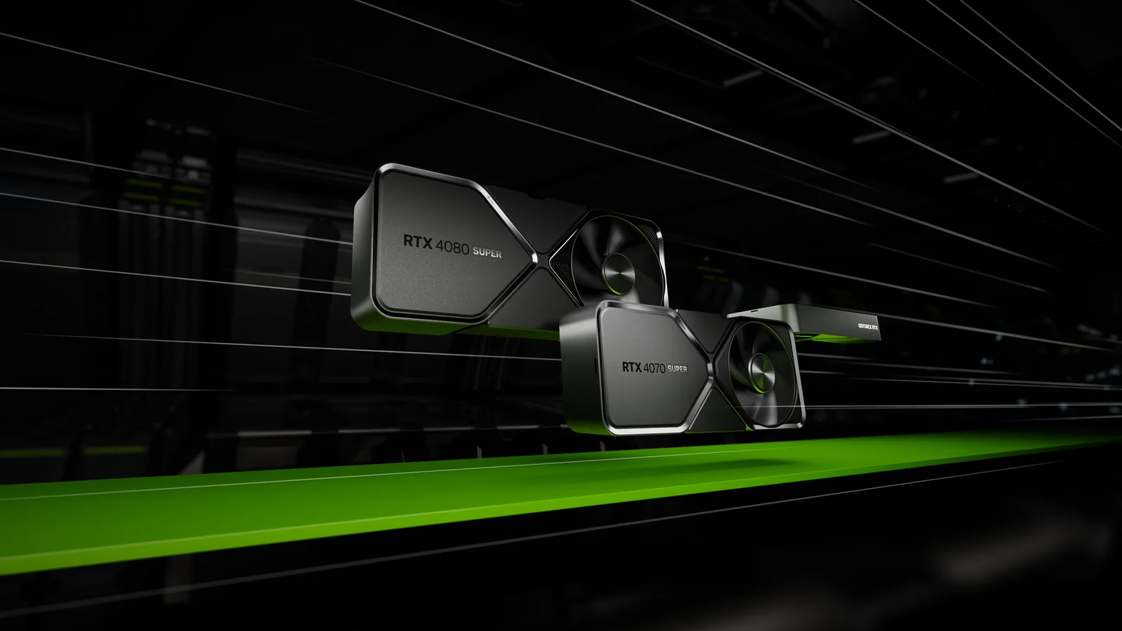 NVIDIA GeForce RTX 40 SUPER graphics cards displayed together in a dark promotional environment with green lighting