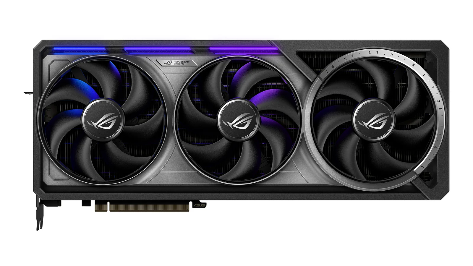 ASUS ROG Astral GeForce RTX 5080 graphics card shown from the front with three large cooling fans and illuminated purple