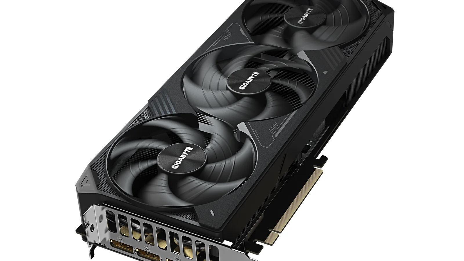 Gigabyte GeForce RTX 5080 WINDFORCE OC SFF graphics card photographed at a three-quarter angle, showing its triple-fan