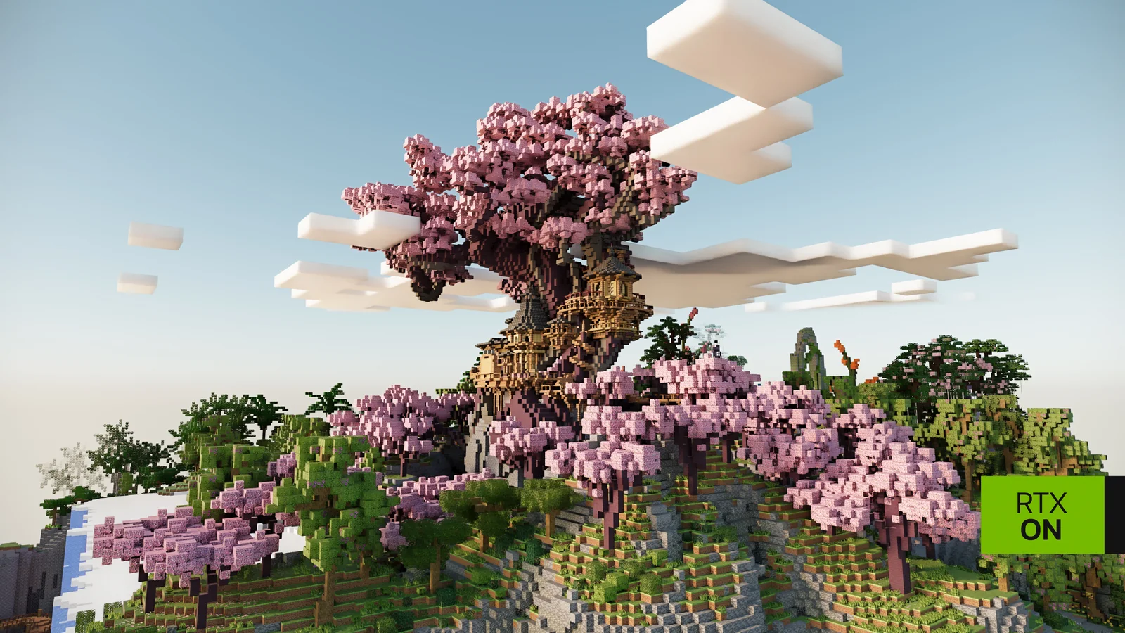Minecraft RTX Remix scene showing an enormous pink cherry-blossom tree surrounded by intricate fantasy buildings and